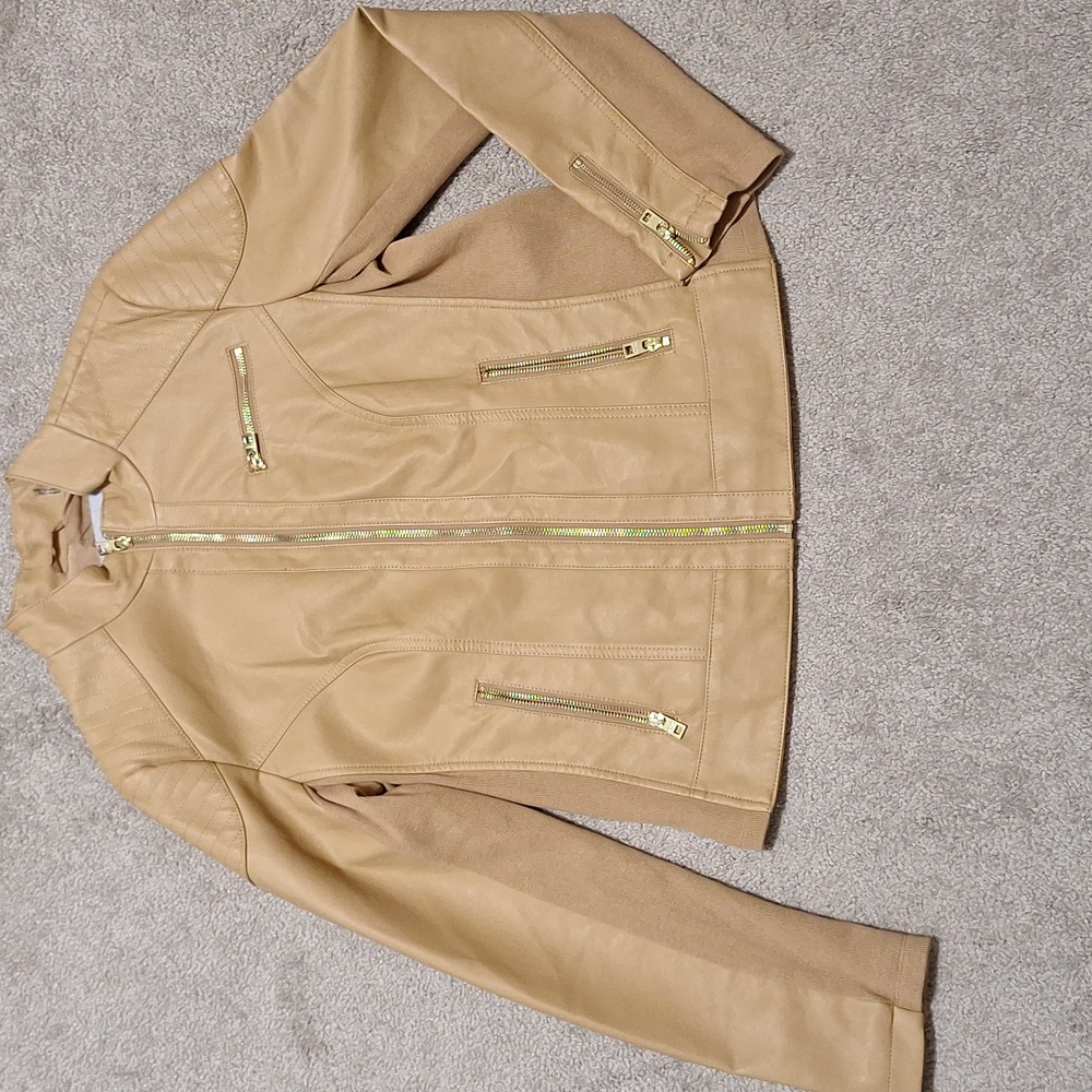 Andrew Marc New York Tan Faux Woman's Jacket with Gold Zippers